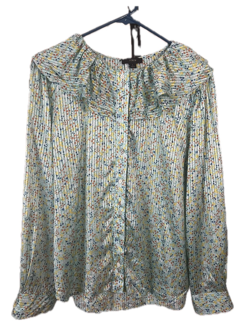 J. Crew Aqua Field Day Light Blue Floral Print Ruffle Button-Down Blouse